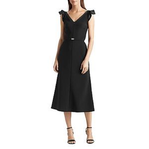 Ralph Lauren Women's Cap Sleeve V Neck Midi Fit Flare Dress Black Size 8